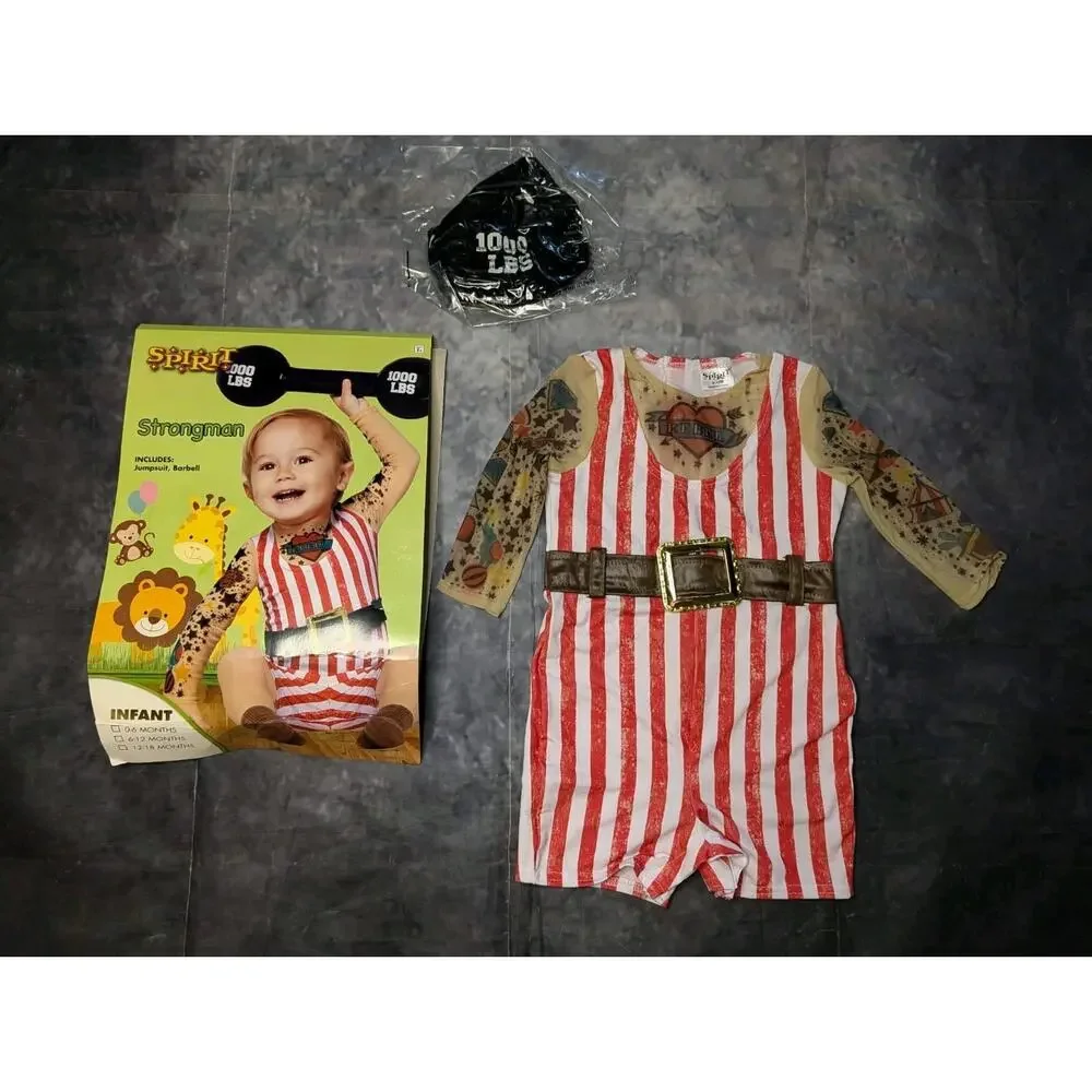 NEW! Spirit Halloween Strongman Infant Costume Jumpsuit With Barbell Size 6-12 M - Picture 2 of 12